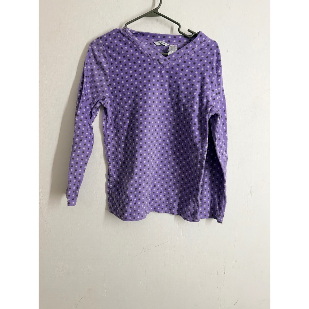 Mayfair Purple Polka Dot Fleece Pajama Top V-Neck Long Sleeve Sleep Shirt Small